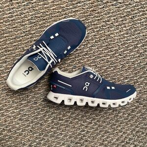 On Running Blue and White Athletic Shoes with Cloud-Like Sole.